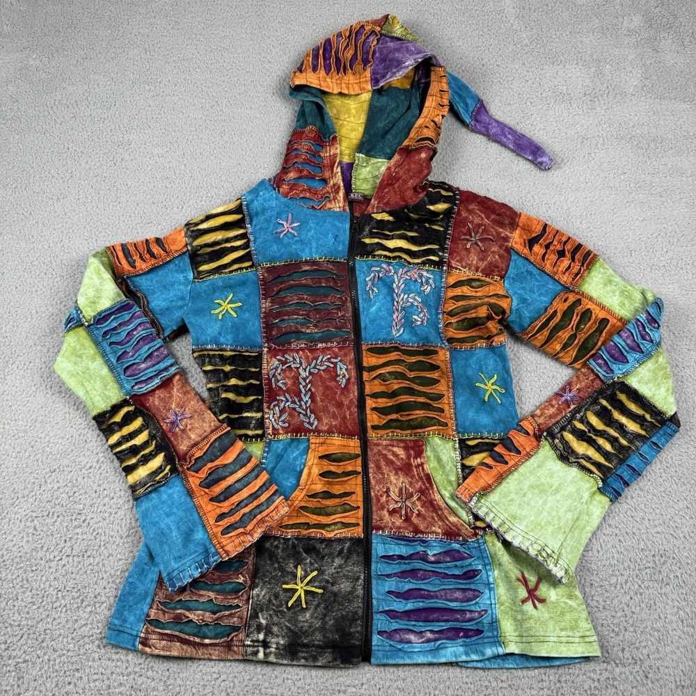 KPC Hoodie Jacket Sze XXL Patchwork Art Jester Hippie Boho Nepal Full Zip Jacket